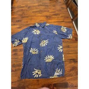 Kahala Hawaiian Islands Shirt Mens Medium Blue Floral Rayon Cotton Linen  Sku 23